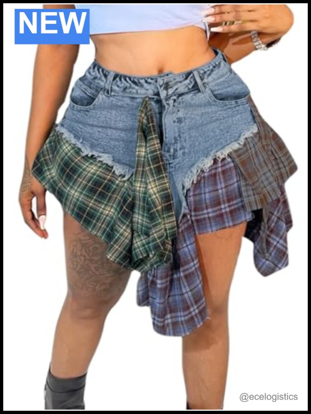 Patchwork Denim Mini Skirt with Plaid Panels